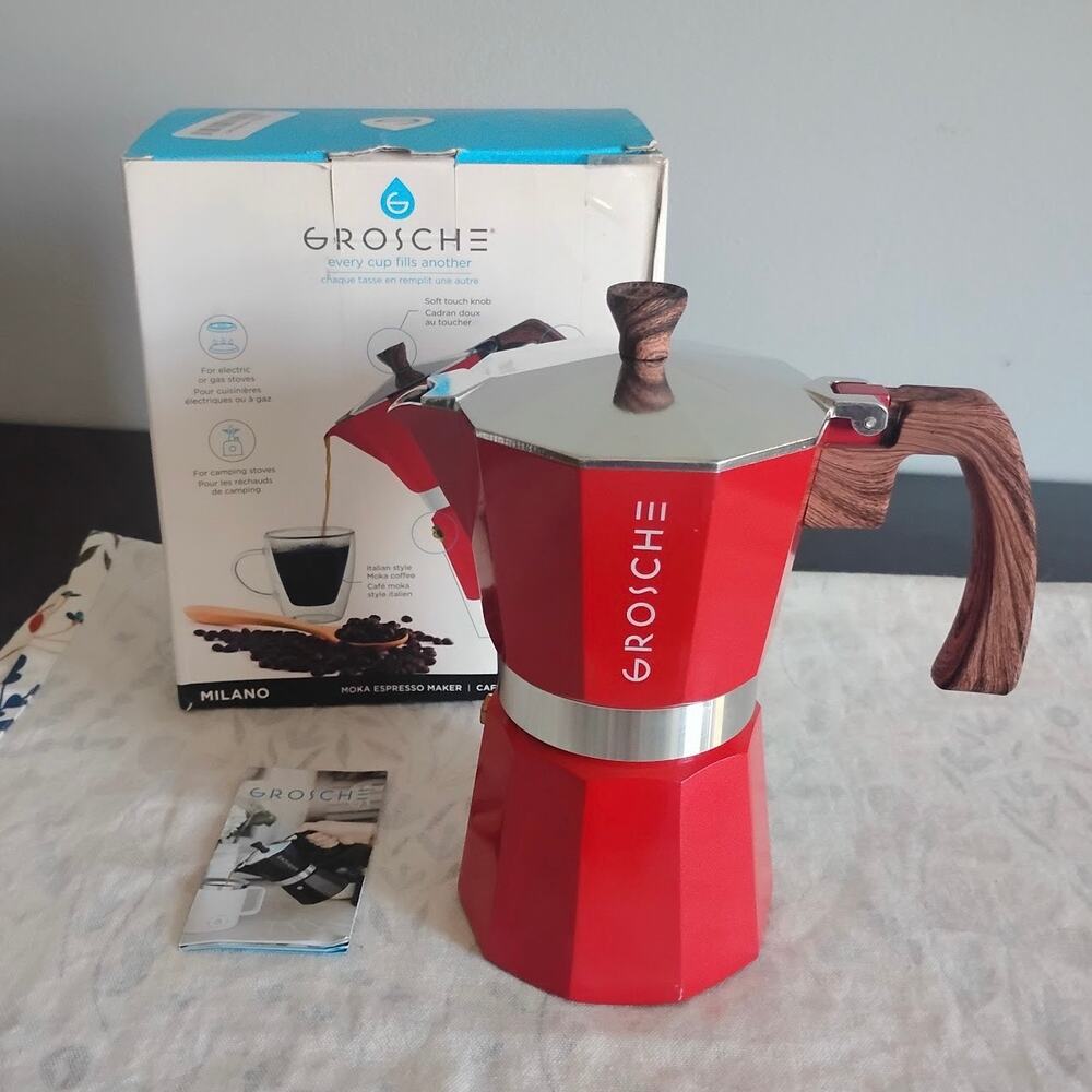 Grosche Milano Moka Pot Stovetop Espresso Maker Red 9.3 Oz 6 Cup